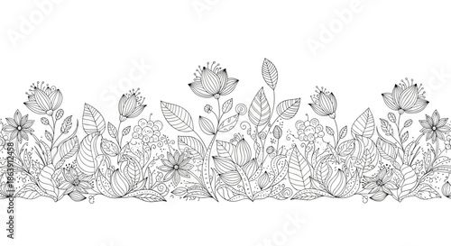 Horizontal border design featuring hand drawn black line art flowers and botanical leaves on a white background.