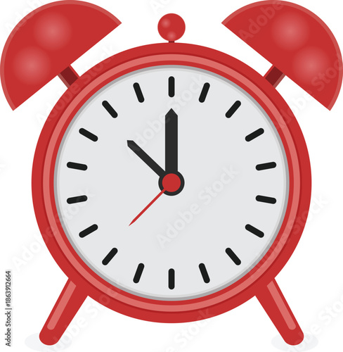 A classic red alarm clock with twin bells is shown displaying a time near seven o clock vector icons