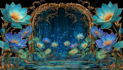 Aqua Lotus Sanctuary: Golden Archway Embraced by Blossoms in Tranquil Water Garden, a Haven of Serenity and Floral Opulence with Dreamy Floral Symphony