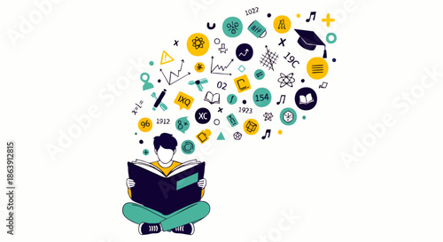 A vibrant illustration shows a person reading a book, with knowledge icons and creative ideas flowing, symbolizing the power of learning, education, and growth.