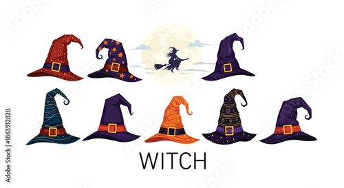 A collection of colorful witch hats in various designs, with a silhouette of a witch flying on a broomstick across a full moon.