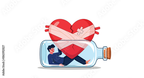 A sad, lonely man trapped inside a glass bottle with a large, broken, and bandaged heart, illustrating emotional pain and despair.
