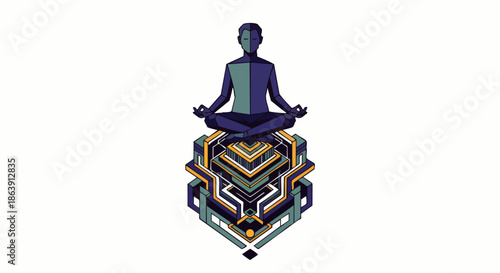 A person in a meditative pose sits atop an intricate geometric structure, symbolizing inner peace and spiritual connection.