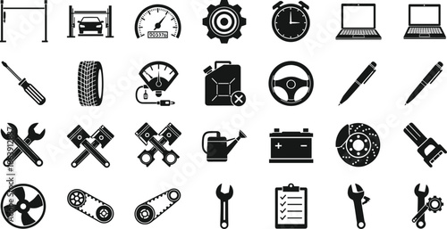 Car service and auto repair icons vector set with tools parts diagnostics and maintenance symbols