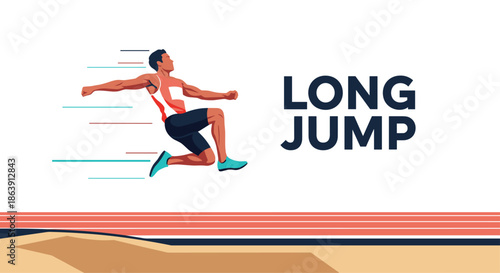 Male athlete in mid-air during a long jump competition at a track and field event, showing power, speed, and athletic form.