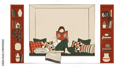 Cozy reading nook with a person engrossed in a book surrounded by shelves filled with decor and plants.