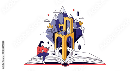 A person reads a book that transforms into a fantastical world of mountains, waterfalls, and abstract structures.