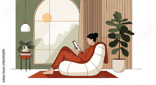 A person relaxes comfortably on a beanbag chair while reading on a tablet in a cozy, well-lit room with plants.