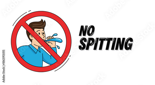 Informative warning sign with a cartoon man spitting inside a red prohibition circle and bold 'No Spitting' text.
