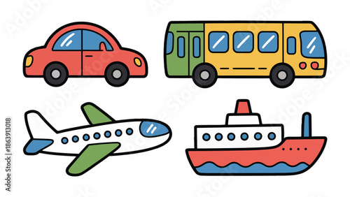 Transportation Array: Illustration of a Variety of Vehicles, Inviting a Sense of Travel and Exploration. A visually engaging illustration showcases diverse modes of transport.