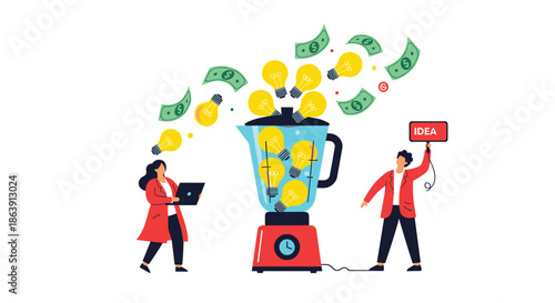 Conceptual illustration of people putting light bulbs and money into a blender, symbolizing brainstorming and monetizing ideas.