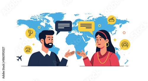 Man and woman having a conversation with speech bubbles in front of a world map, representing global communication.