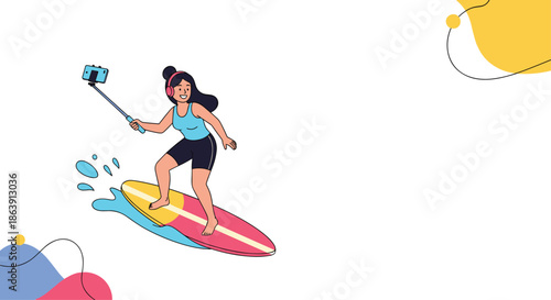 Happy young woman in headphones surfing on a wave while recording a video of herself with a selfie stick and camera.