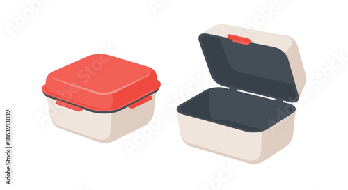 Isometric illustration of a reusable plastic lunch box, shown both open and closed with a red lid on a white background.