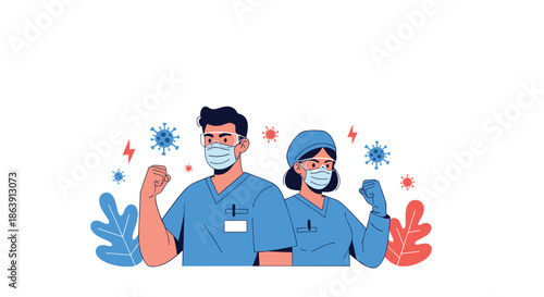 Male and female doctors or nurses in scrubs and face masks standing strong against coronavirus particles in the background.