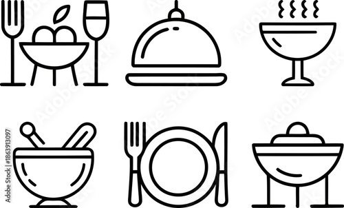 Collection of minimalist line icons representing gourmet dining service elements including cloches, cutlery, serving bowls, and fresh fruit arrangements.