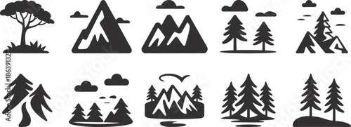Assortment of black silhouette icons depicting various outdoor geographical features such as stylized mountains, diverse pine trees, and acacia trees in a landscape setting.