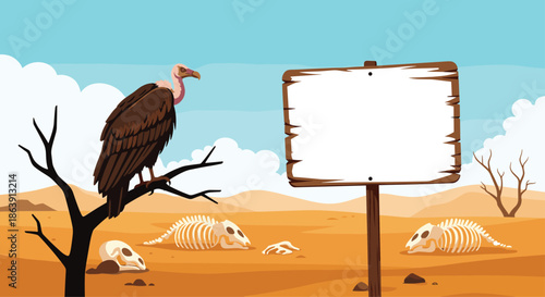Vulture perched on a dead tree in a hot desert with animal skeletons and a blank wooden sign for custom text.