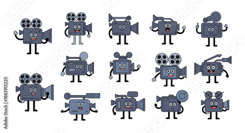 Set of cute, retro video camera and camcorder mascot characters with faces, arms, and legs in various friendly poses.