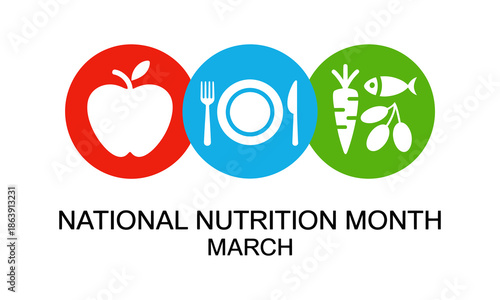 National Nutrition Month March typography with colorful healthy food icons of apple, carrot, and fish