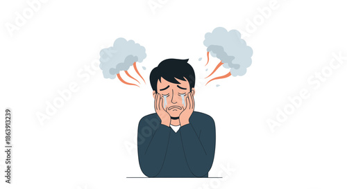 Illustration of a frustrated man crying with his hands on his face and steam coming out of his ears from anger.