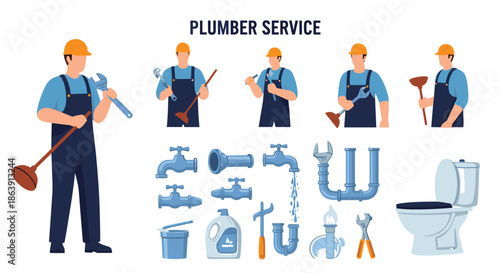 Collection of plumber characters and plumbing equipment, including wrenches, pipes, a plunger, and a toilet bowl.