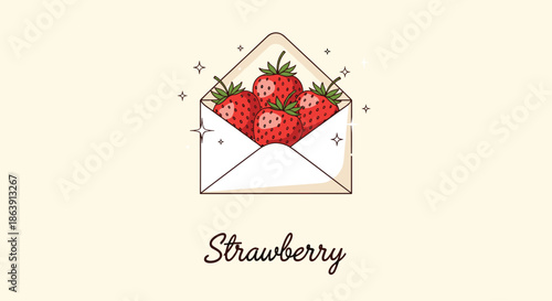 Cute illustration of fresh, sparkling red strawberries inside an open envelope against a light cream background.