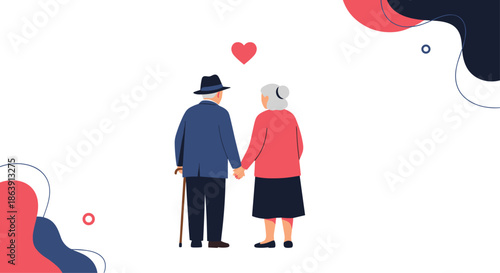 Rear view of an elderly couple holding hands, with the man using a cane, and a red heart floating above them.