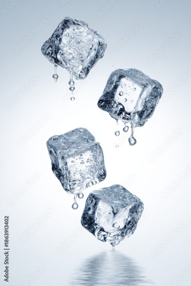 Obraz premium Dynamic close-up of four raw melting ice cubes dropping, splashing, and dripping water droplets against a bright blue-white background, symbolizing ultimate coldness and refreshment.