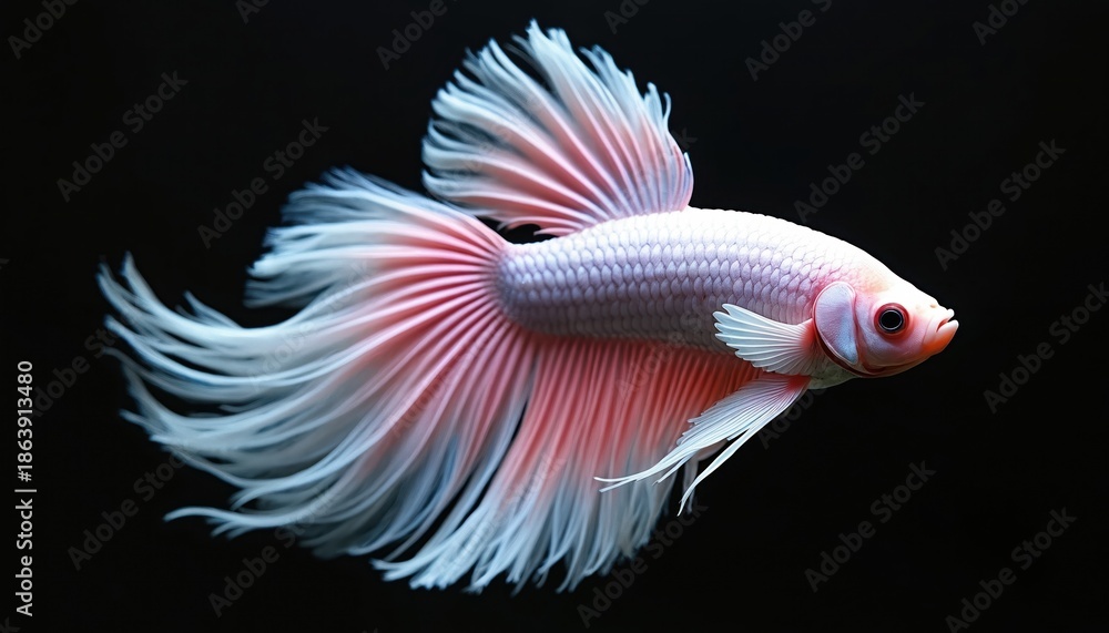 Fototapeta premium White fish with pink fins swims gracefully in dark water. Elegant betta moves with flowing tail and fins. Exotic aquatic pet displays vibrant colors against black.