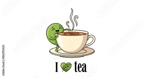 Cute green cartoon character hugging a steaming cup of tea with the text 'I love tea' and a leaf heart design below.