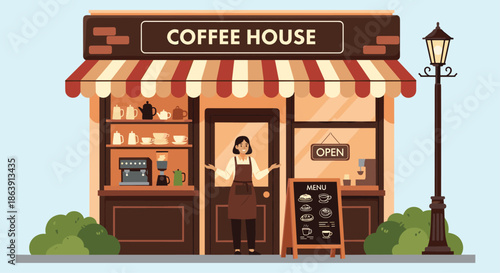 Friendly female barista welcoming customers at the entrance of a charming coffee house with a menu board outside.