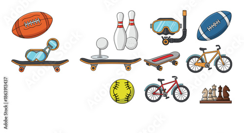 Collection of various sports equipment icons including a bicycle, skateboard, bowling pins, and an American football.