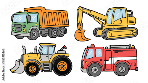 Construction vehicles set: A vibrant set of construction vehicles stands ready for action. Each vehicle, designed with careful detail, symbolizes the building and infrastructure world.
