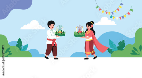 Man and woman in traditional Thai costumes celebrating the Loy Krathong festival by holding decorative krathongs.