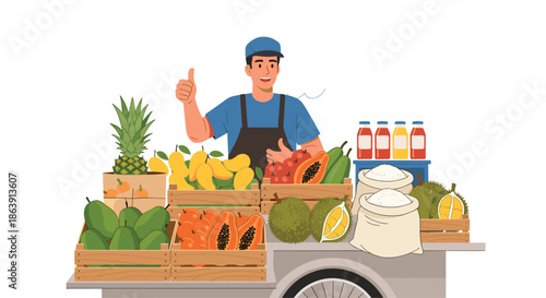 Friendly street vendor with a cart full of fresh tropical fruits like pineapple, mango, and durian, giving a thumbs up.