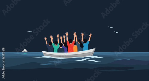 Group of refugees or migrants in an overcrowded small boat at sea, raising their hands for help or rescue.