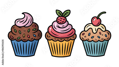 Sweet Trio: Delightful cupcakes, each exquisitely decorated with various toppings, beckoning indulgence and the pleasure of simple sweets.