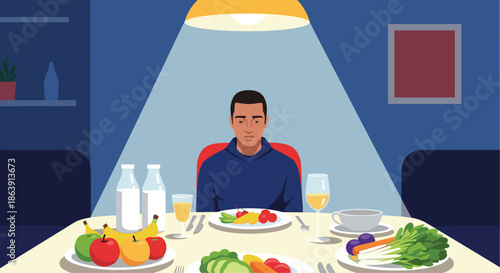 Sad and lonely man sitting at a large dinner table full of healthy food, illustrating an eating disorder or depression.