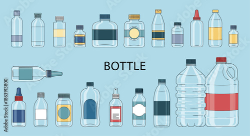 Large collection of different types of glass and plastic bottles for medicine, water, and other liquids with labels.