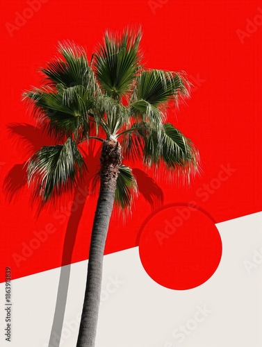 A tall palm tree stands prominently against a bold red and white backdrop, creating a striking visual contrast. Tropical summer vibes.
