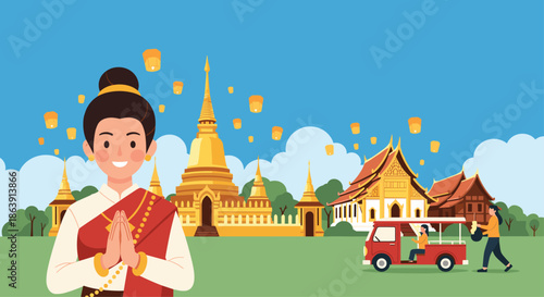 Thai woman in traditional dress greeting tourists in front of a temple, with sky lanterns and a tuk-tuk in the background.