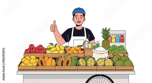 Happy Asian street vendor standing behind his cart full of fresh tropical fruits and giving a thumbs up to customers.