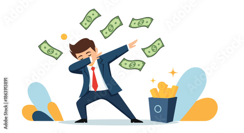 Successful young businessman doing the dab dance pose while money flies around him and into a bucket of gold coins.
