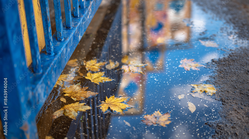 Obraz premium Close-up of puddles on wet pavement, blue railings mirrored in the water, yellow and orange autumn leaves floating gently, industrial station textures softened by rain, reflective