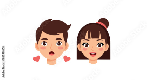 Cute cartoon faces of a surprised boy and a happy girl with pink cheeks and small red hearts, showing young love.