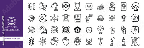 Artificial Intelligence Line Icon Set for Technology and Digital Systems