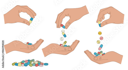 Set of illustrations showing hands holding, pouring, and surrounded by a variety of colorful pills and capsules.
