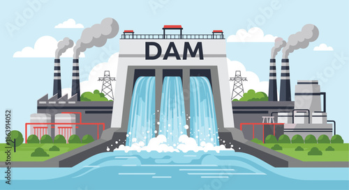 Illustration of a large hydroelectric dam generating power, with water flowing and a factory in the background.