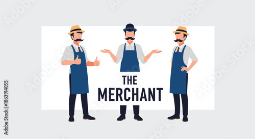 Set of three vintage merchant characters with mustaches, wearing hats and aprons, in various friendly poses.